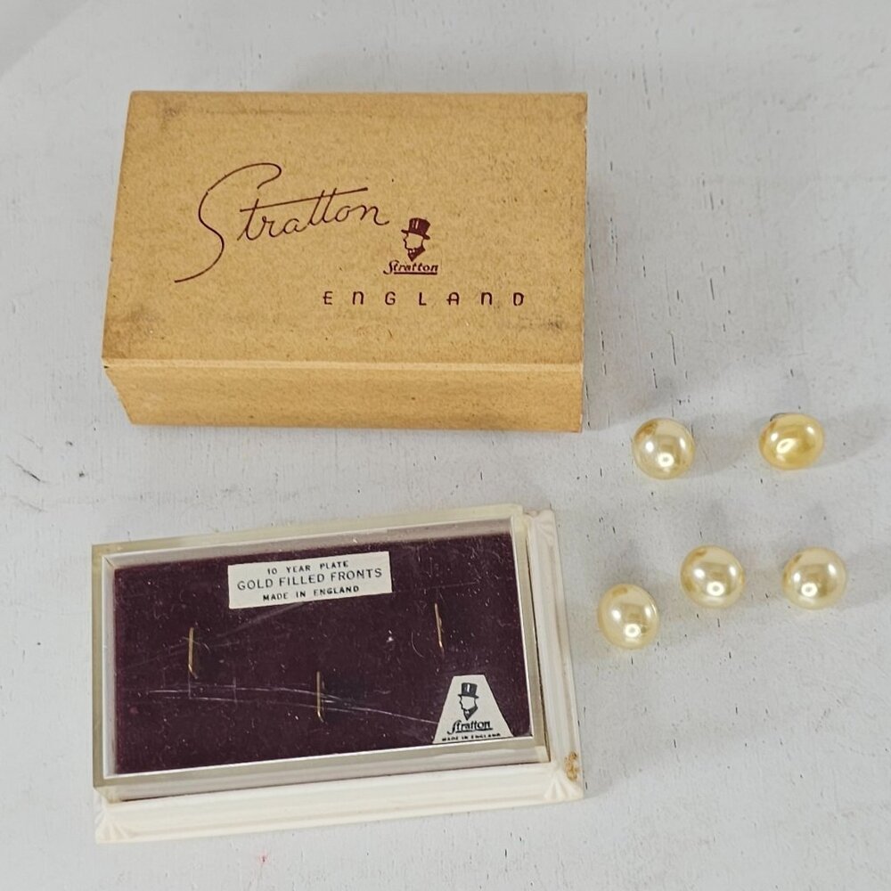 Vintage Stratton 10-Year Plate Gold Filled Fronts Faux Pearl Buttons With Box